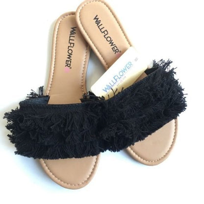 Wallflower Black Fringe Slide Sandals New