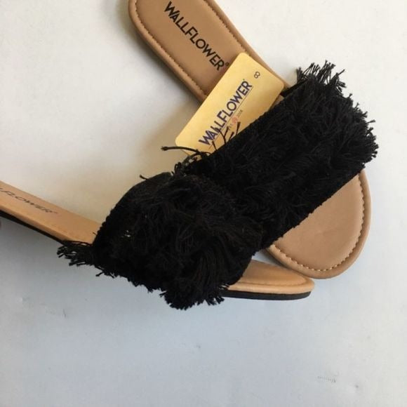 Wallflower Black Fringe Slide Sandals New