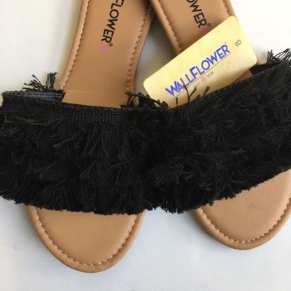 Wallflower Black Fringe Slide Sandals New