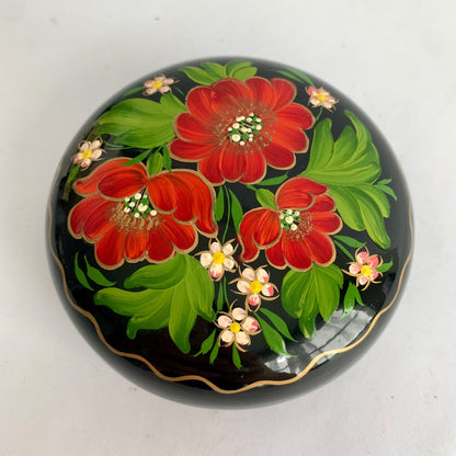 Vintage Ukraine Ukrainian Hand-Painted Trinket Bowl Dish Lidded Floral Lacquered Red