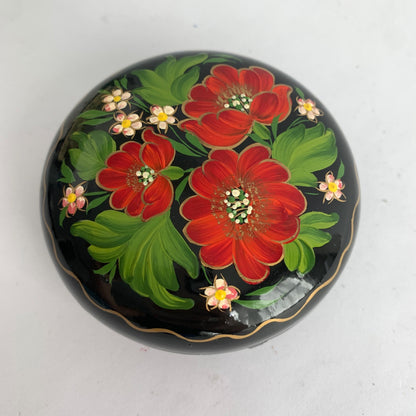 Vintage Ukraine Ukrainian Hand-Painted Trinket Bowl Dish Lidded Floral Lacquered Red