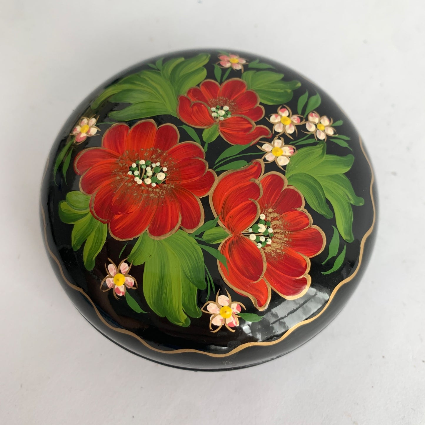 Vintage Ukraine Ukrainian Hand-Painted Trinket Bowl Dish Lidded Floral Lacquered Red