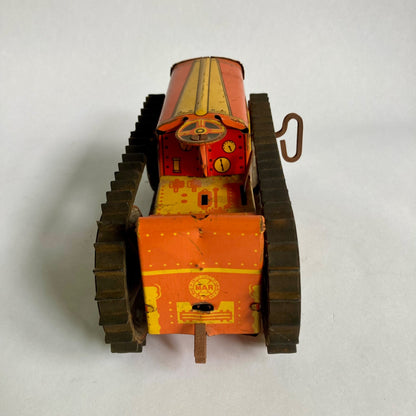 Vintage Marx Tin Litho Bulldozer Wind-up Toy Orange Tested & WORKS!