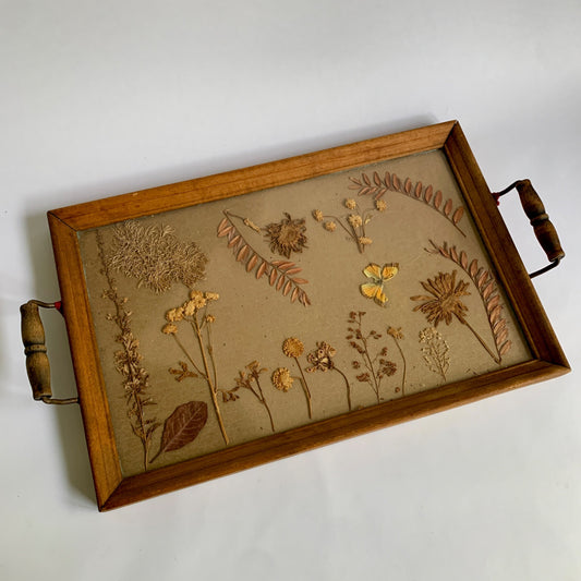 Vintage Wood Handled Serving Tray Pressed Flowers Butterfly Glass 1960s