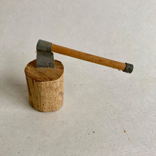 Vintage Wood Chopping Block Splitting Maul Axe Small Doll House Accessory