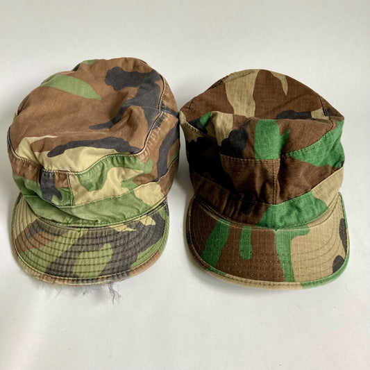 Lot 2 Vintage Army Woodland Camo Field Hats Caps 7-1/4, 7-1/2 US Military Issue