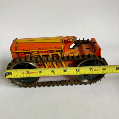 Vintage Marx Tin Litho Bulldozer Wind-up Toy Orange Tested & WORKS!