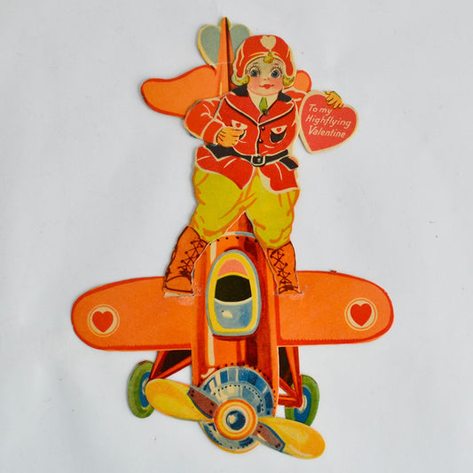Vintage 1920s 1930s Mechanical Articulating Valentine Card Airplane Pilot