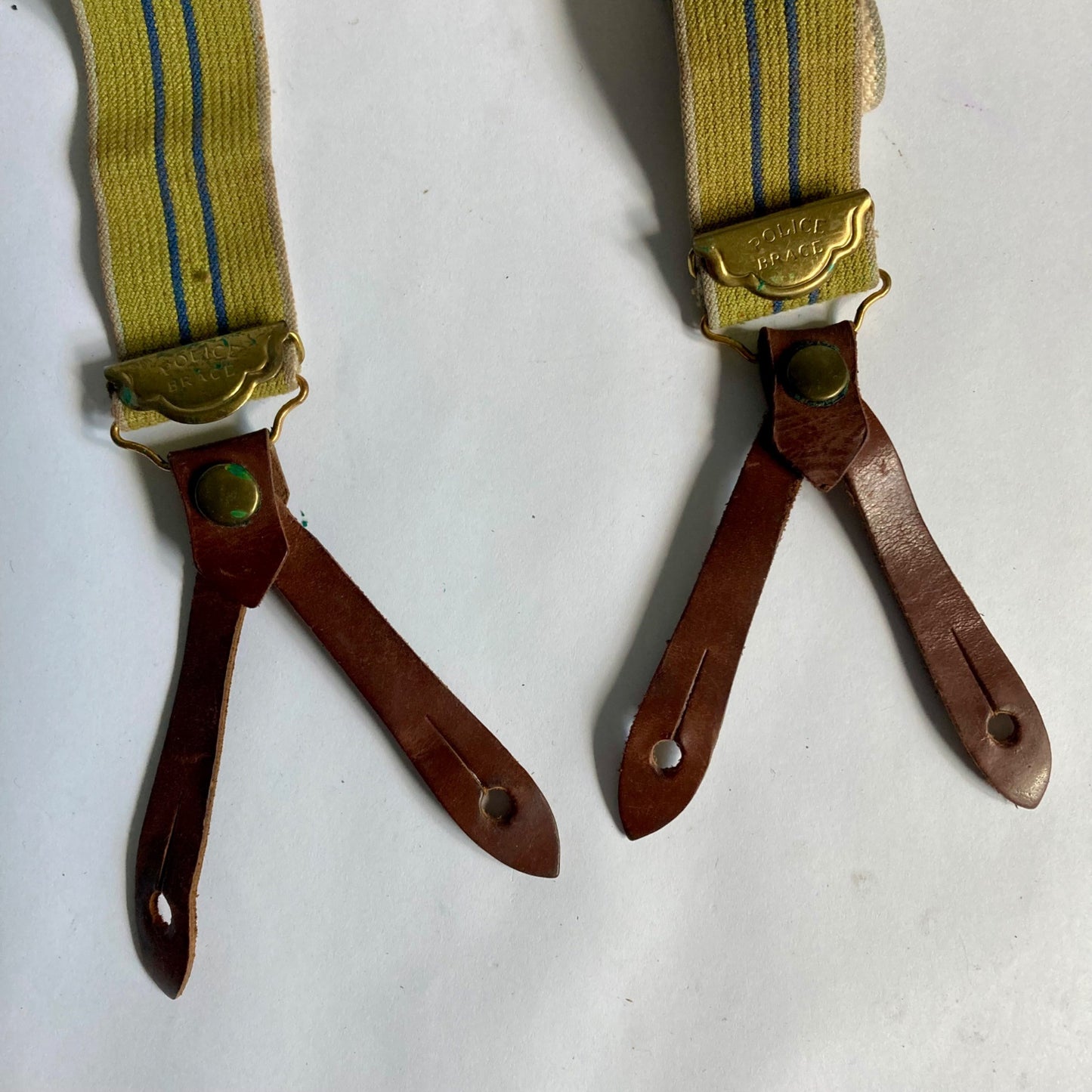 Vintage Police Brace Stretch Suspenders Leather Tabs Brass Accents Yellow Blue