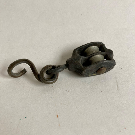 Vintage Miniature Double Pulley Metal Small w/ Hanging Hook