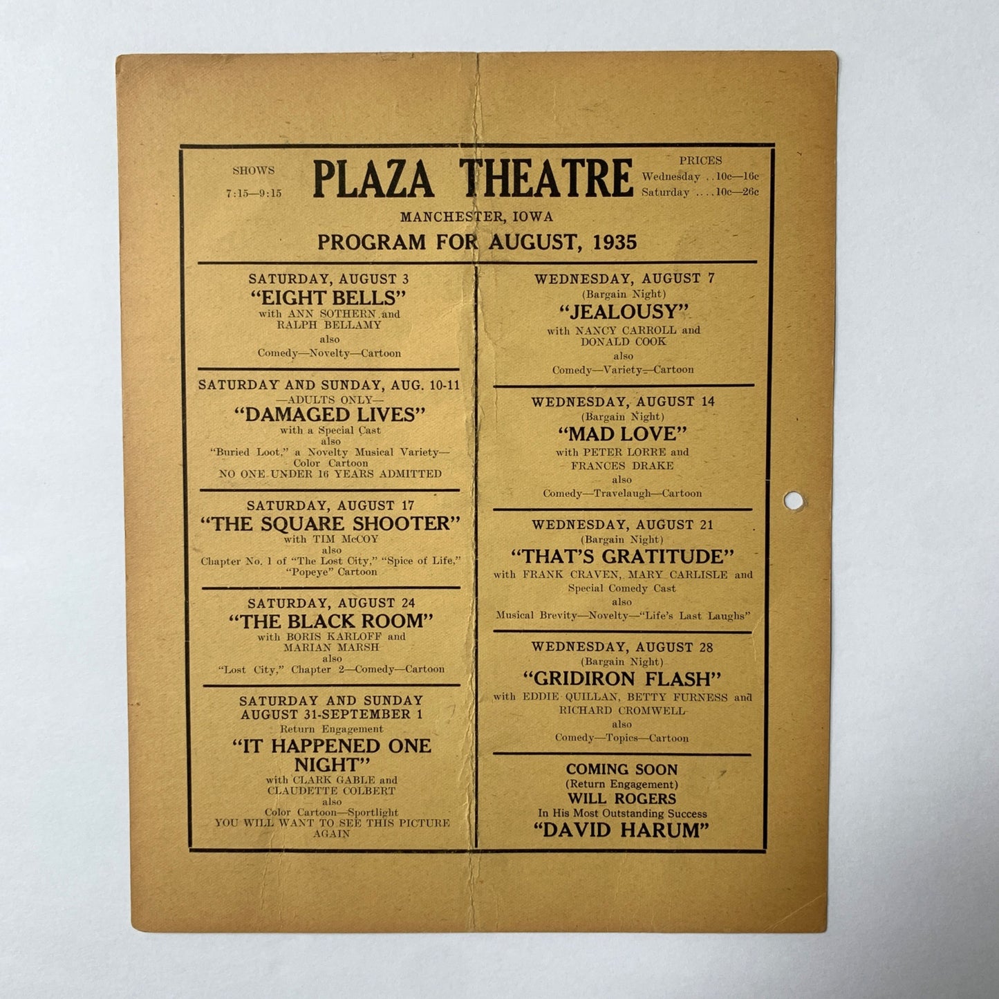 1935 Castle Theatre Plaza Program Schedule SHIRLEY TEMPLE Joan Crawford