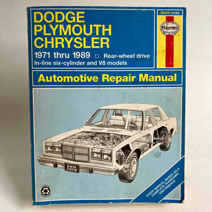 Haynes 1971-1989 Dodge Plymouth Chrysler Repair Manual #30050 Rear Wheel Drive