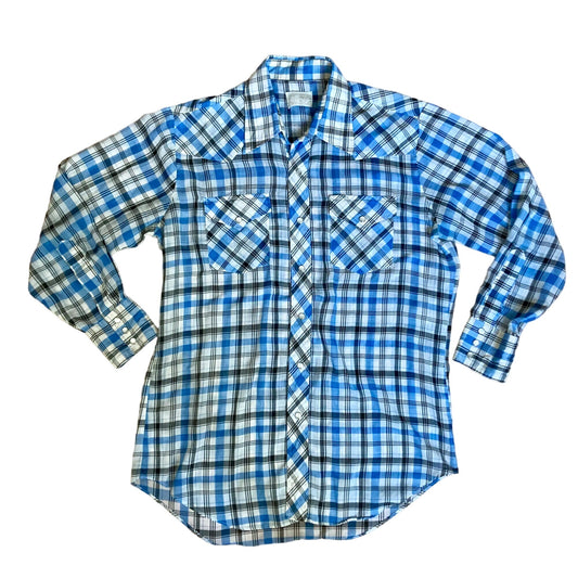 Vintage Lee Long-Sleeve Western Shirt Pearl Snap Blue Plaid Men's