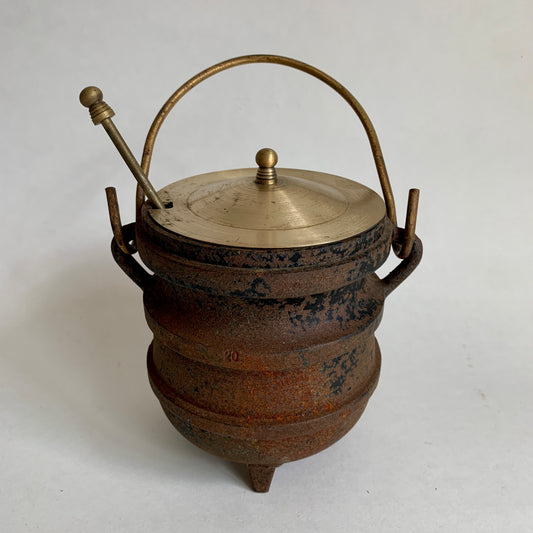 Vintage Cast Iron Fire Starter Pot Reproduction Brass Lid Pumice Wand