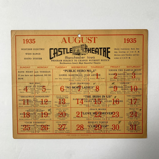 1935 Castle Theatre Plaza Program Schedule SHIRLEY TEMPLE Joan Crawford