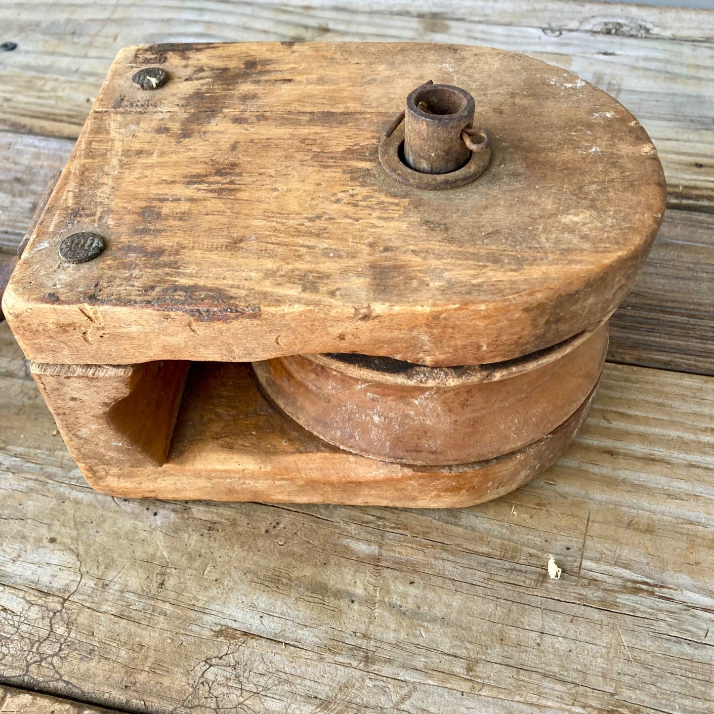 Vintage Wood Single Pulley w/ Hook Block & Tackle Steampunk Farm Tool