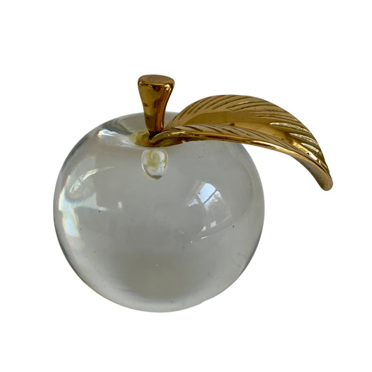 Vintage Clear Glass Apple Brass Leaf Stem Paperweight Large
