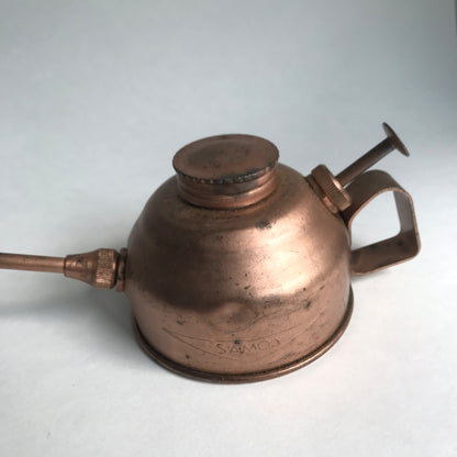 Vintage Samos Copper Oil Can Push Pump Oiler w/Long Spout