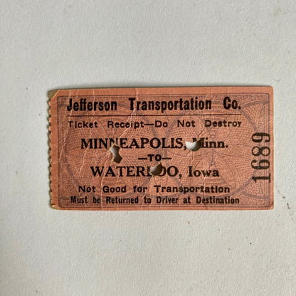 Vintage Jefferson Transportation Co. Ticket Bus? Train? Minneapolis to Waterloo