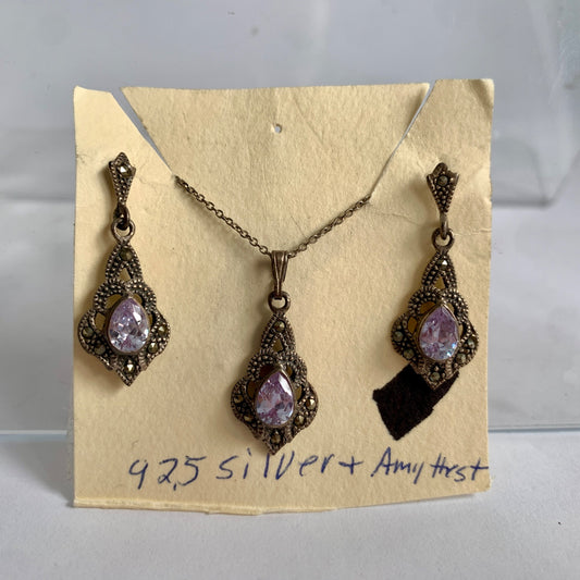 Vintage Sterling Silver 925 Amethyst Marcasite Necklace Earrings Set