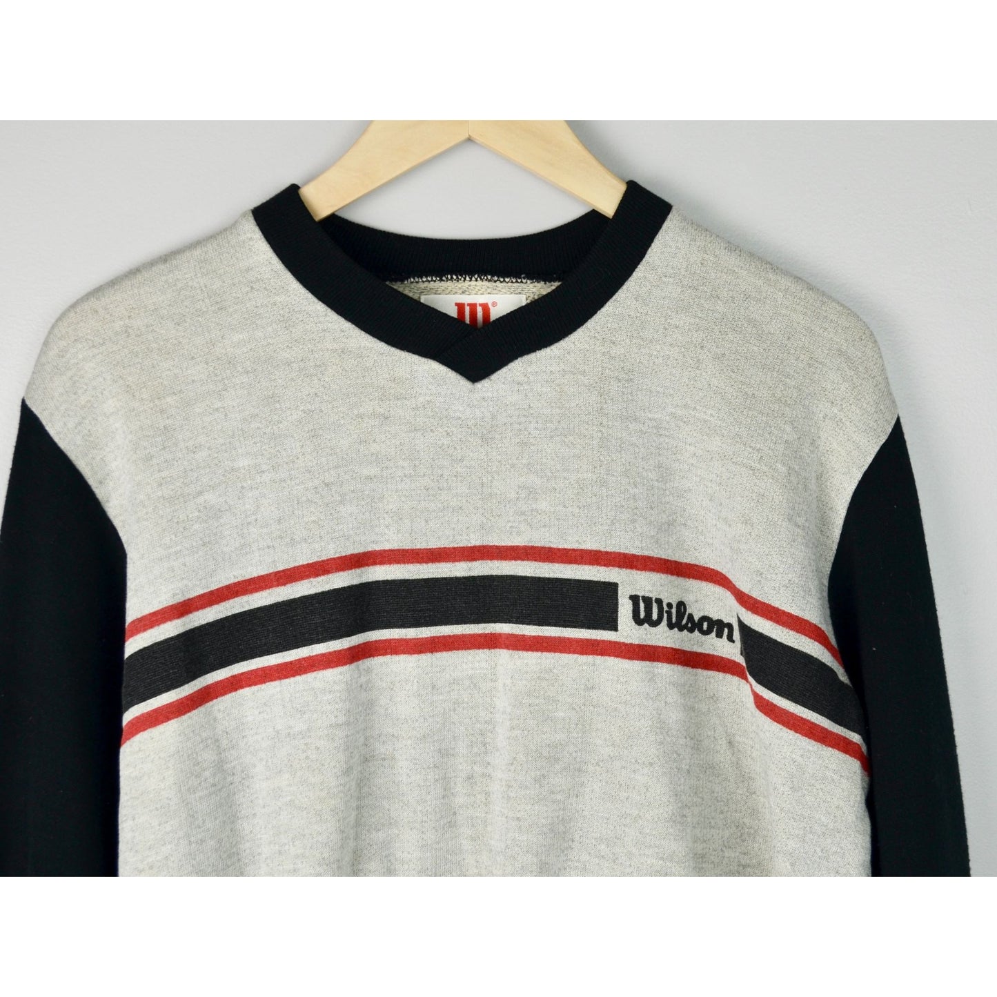 1980s Wilson Men's Black Heather Gray Sweatshirt Vintage Pullover V Neck