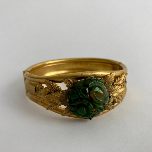 Vintage Art Deco Brass Bakelite Green Floral Hinged Bangle Bracelet