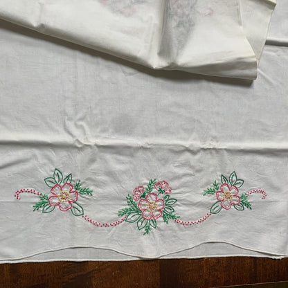 Vintage Hand Embroidered Pillowcases Floral Flowers Pair of 2 Set