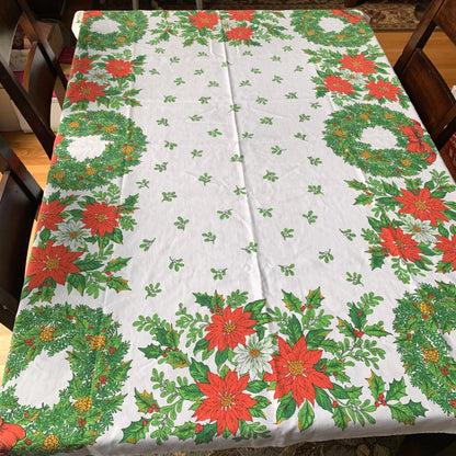 Vintage Ryan 1970s Christmas Tablecloth 64 x 49" Wreath Pointsettias