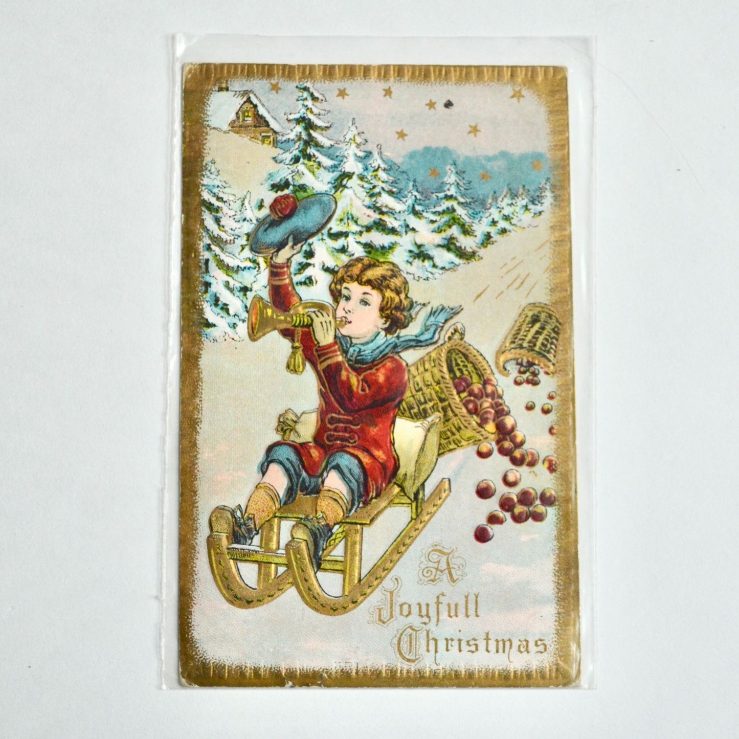 1914 Antique A Joyful Christmas Postcard Boy on Sled Bugle