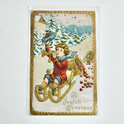 1914 Antique A Joyful Christmas Postcard Boy on Sled Bugle