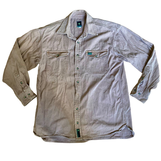 Vintage John Deere Canvas Button-Down Work Shirt Men's Large Tan Long Sleeve