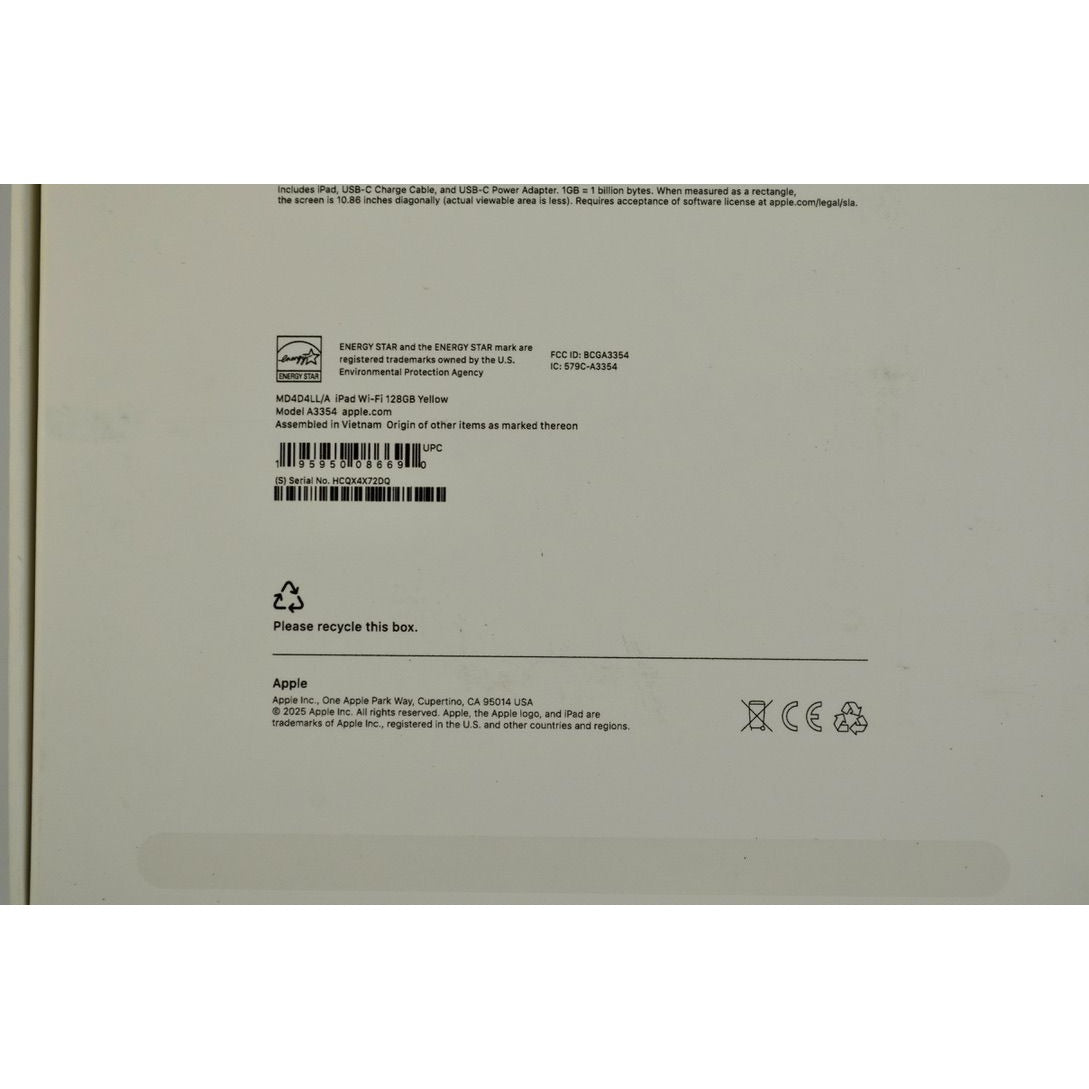 EMPTY BOX Apple Ipad 128 GB A16 Wifi YELLOW