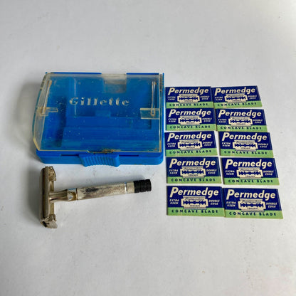 Vintage Gillette Double Edge Safety Razor Metal w/Case & Permedge Blades