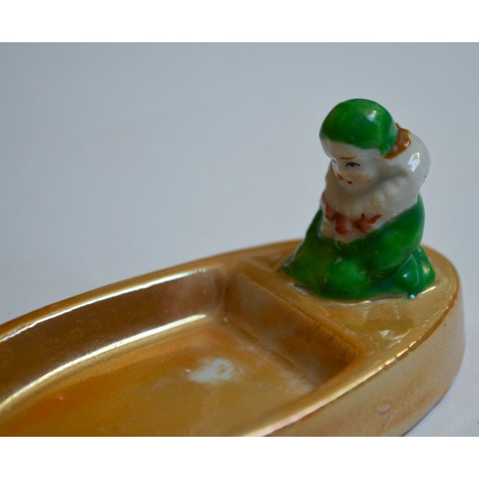 Vintage Lusterware Clown Pixie Elf Ashtray Ceramic Boat Trinket Dish Japan MCM