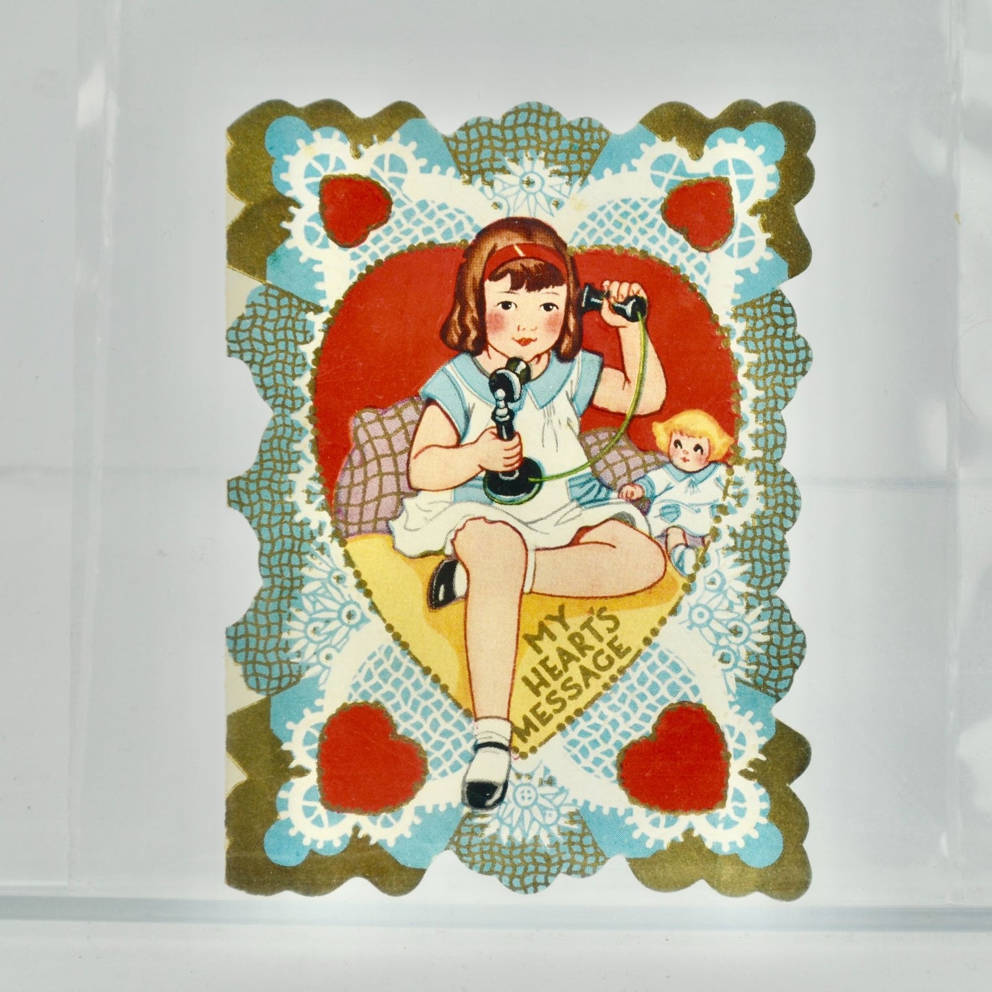 Vintage Valentine's Day Card Girl on Phone My Heart's Message Die Cut