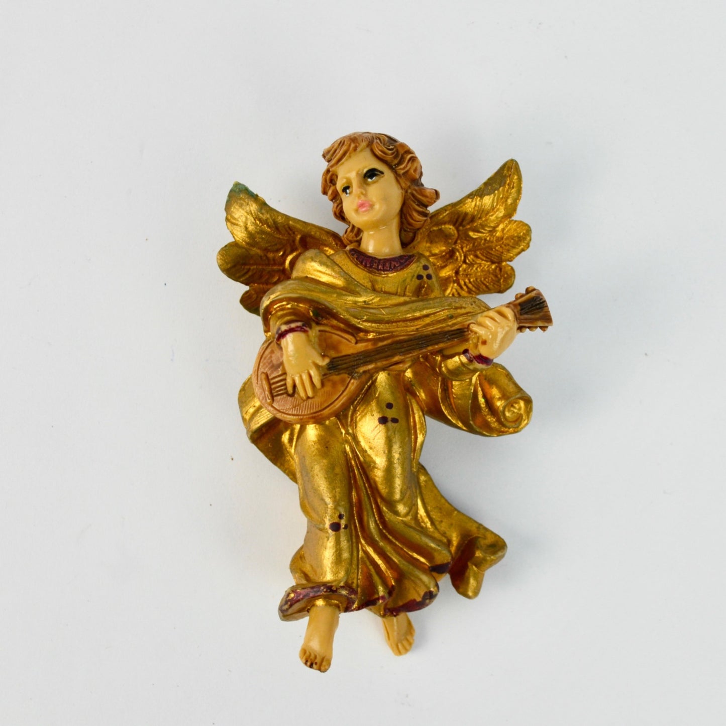 Hand-Painted Gold Angel Figurine Playing Mandolin Ornament Nativity