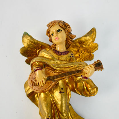 Hand-Painted Gold Angel Figurine Playing Mandolin Ornament Nativity