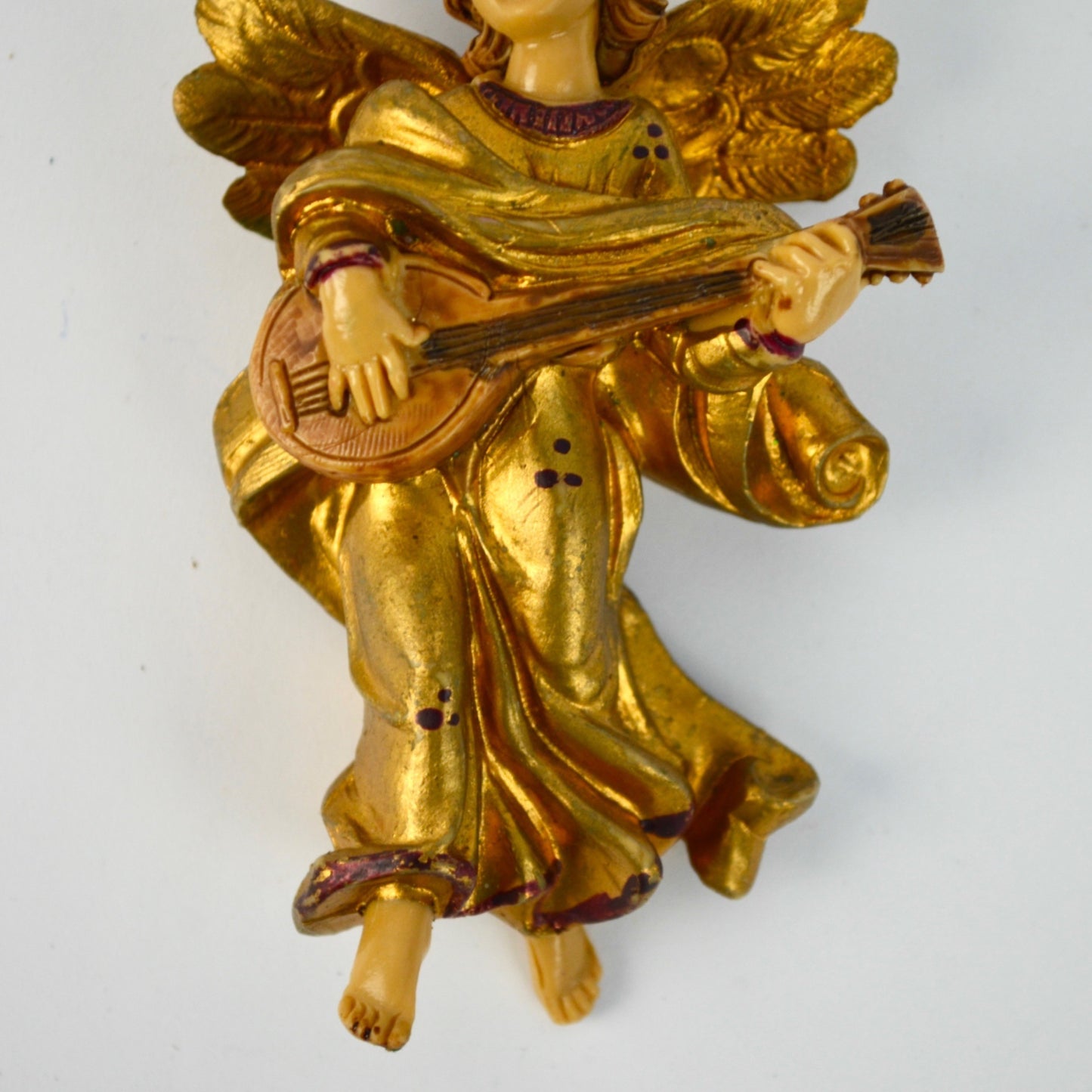 Hand-Painted Gold Angel Figurine Playing Mandolin Ornament Nativity