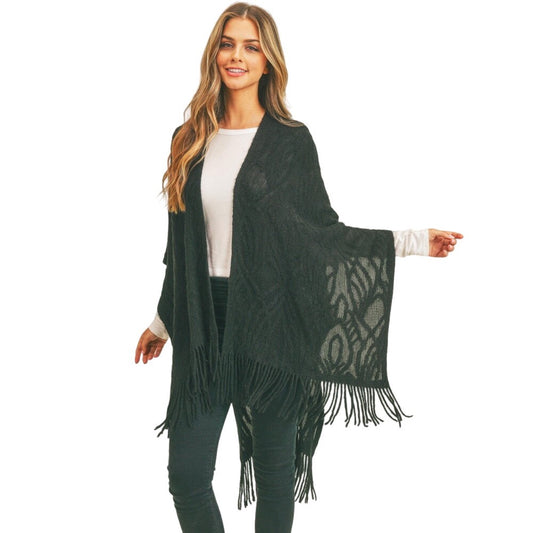 Solid Colored Knit Kimono Wrap Black New