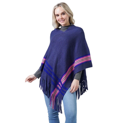 Knit Poncho With Contrast Detail and Tassel Fringe New Blue Pink