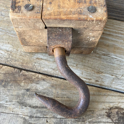 Vintage Wood Single Pulley w/ Hook Block & Tackle Steampunk Farm Tool