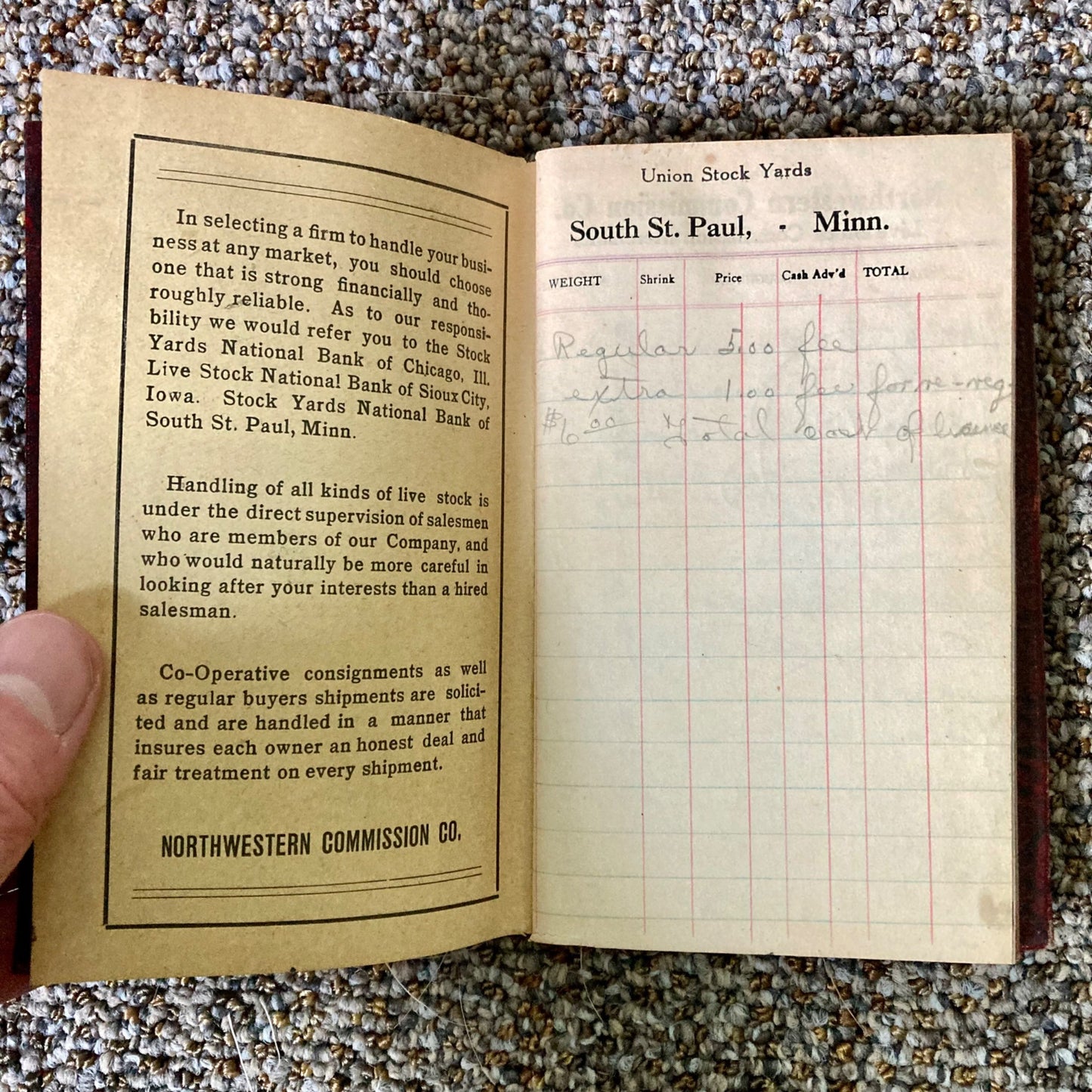 Vintage Northwestern Commission Company Livestock Ledger Receipt Book 1927-1928