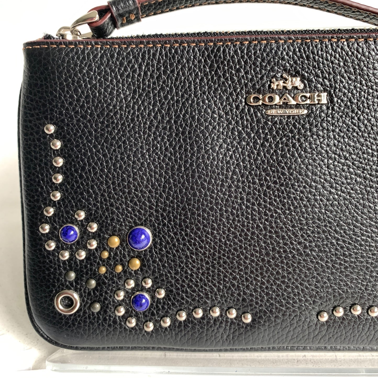 Coach Large Wristlet Black Pebble Leather Boarder Studded Embellishment F59069