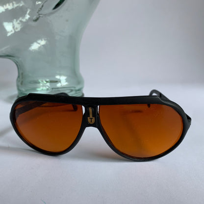 Turbo Vintage 1980s Men's Aviator Sunglasses Black Metal & Plastic Amber Lenses