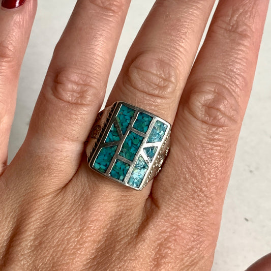 Vintage Sterling Turquoise Mosaic Chip Ring Size 8.5