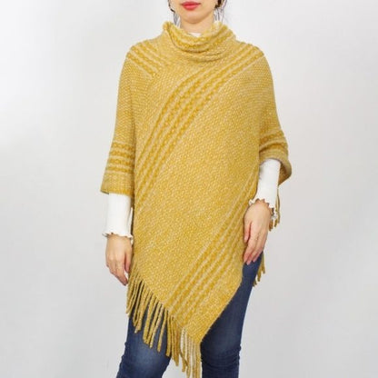 Women's Knit Poncho Featuring a Turtleneck Mustard Yellow