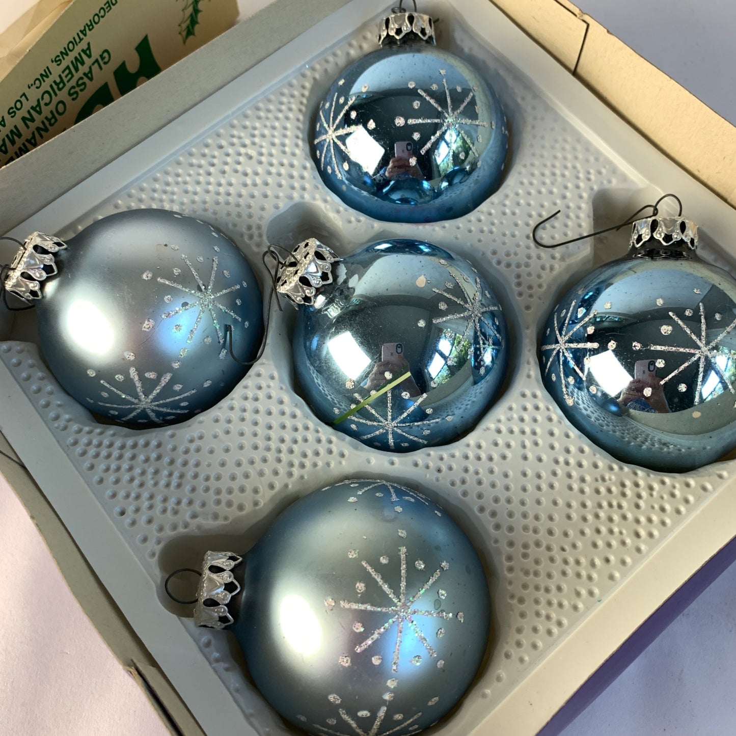 Holly Vintage Glass Blue Christmas Ornaments Lot of 5 Frosted & Shiny