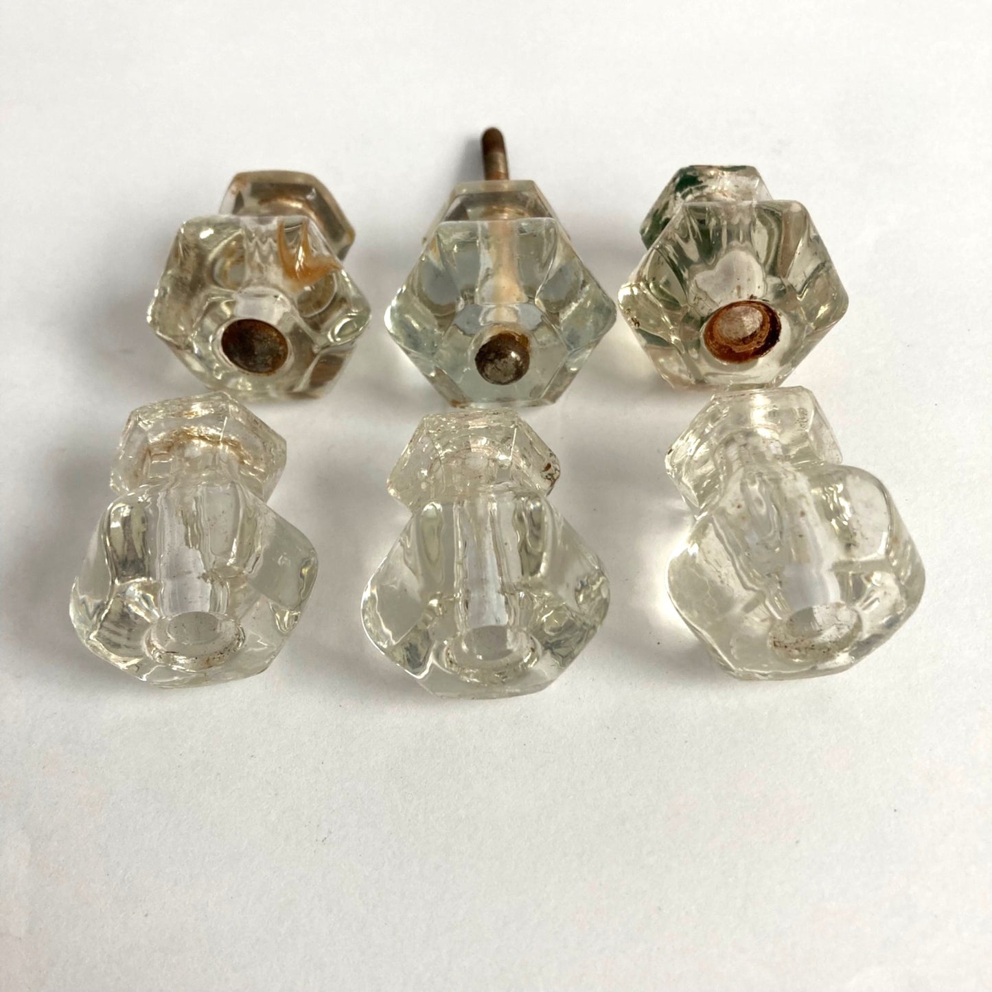 Lot of 6 Vintage Glass Drawer Pull Knobs Antique Clear Hexagon 1-1/4" x 1-1/8"