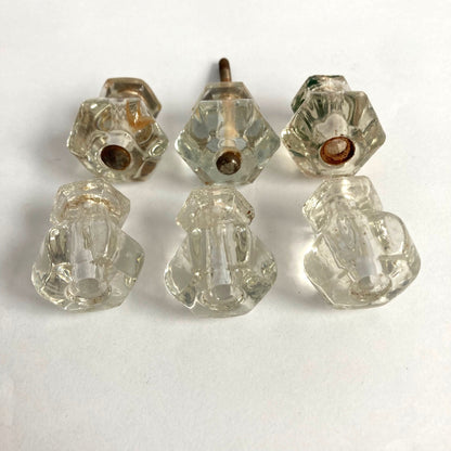 Lot of 6 Vintage Glass Drawer Pull Knobs Antique Clear Hexagon 1-1/4" x 1-1/8"