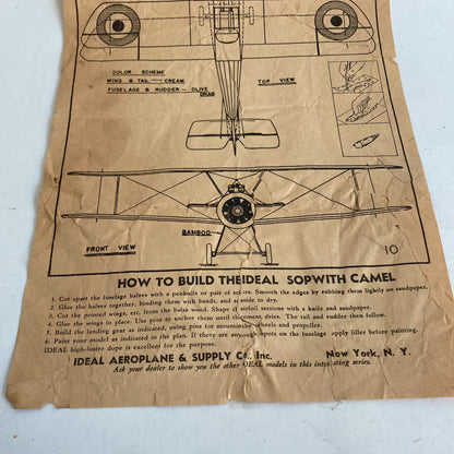 Vintage Ideal Aeroplane & Supply Co Sopwith Camel INSTRUCTIONS PLANS Antique